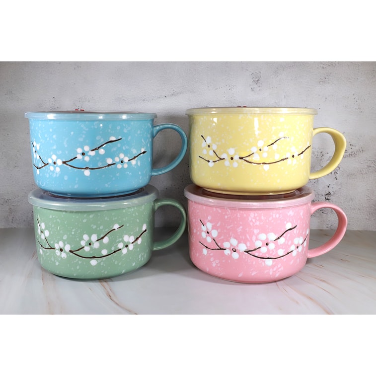 GINKGOHOME Microwavable Ceramic Noodle Bowl with Handle and Seal Sakura Snow Flake Floral Design - Ocean 24oz 5
