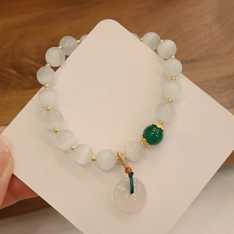 [保護と平和のお守り] 新疆キャッツアイストーン安全バックルブレスレット、新しい中国風ブレスレット、天然水晶、8mm、保護と平和のお守り、ユニセックスの縁起の良いジュエリー 6