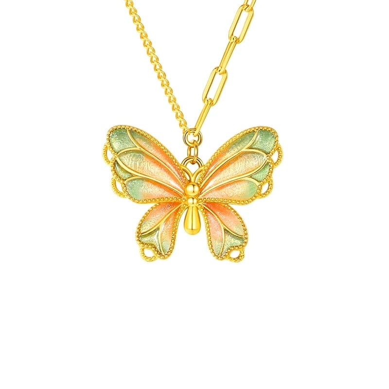 【中國直郵】 周大生 蝴蝶925純銀項鍊女高級感小眾漸變琺瑯首飾生日禮物送女友家人 粉綠蝴蝶 一條裝