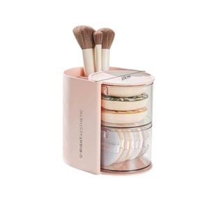 2-in-1 Rotating Makeup Sponge And Brush Storage Case—100-Point Sponge & Cushion Sponge Holder—Dust-Proof—Pink—1 Piece