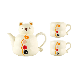 Embossed Color Button Bear Tea Pot & Two Mugs Set Microwave Safe Cute Gift Cream Style Tabletop Tea Kit