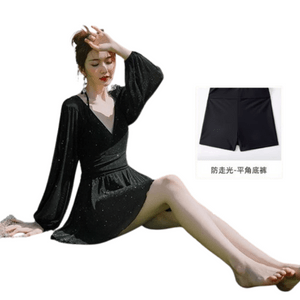 New one-piece swimming costume female spa long-sleeved microfat girls cover meat Classic black (flat corner) M code 1 pi