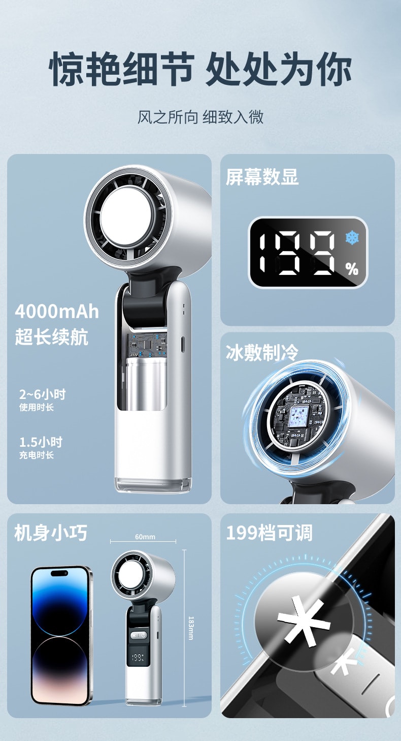 RAMBLE 渦輪小型手持風扇 星空灰 1零件 冰敷冷凍風扇 大容量 高速199檔