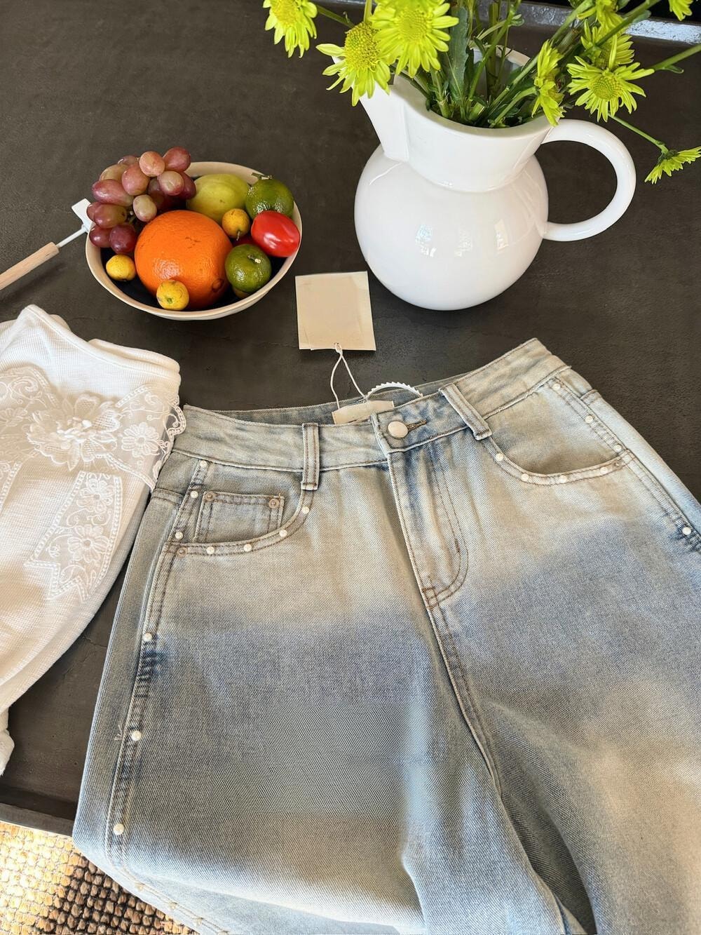 【加拿大直邮】 加拿大 SCENARIO 珍珠线条宽腿牛仔裤 浅蓝色 S-M码 浅蓝色 S