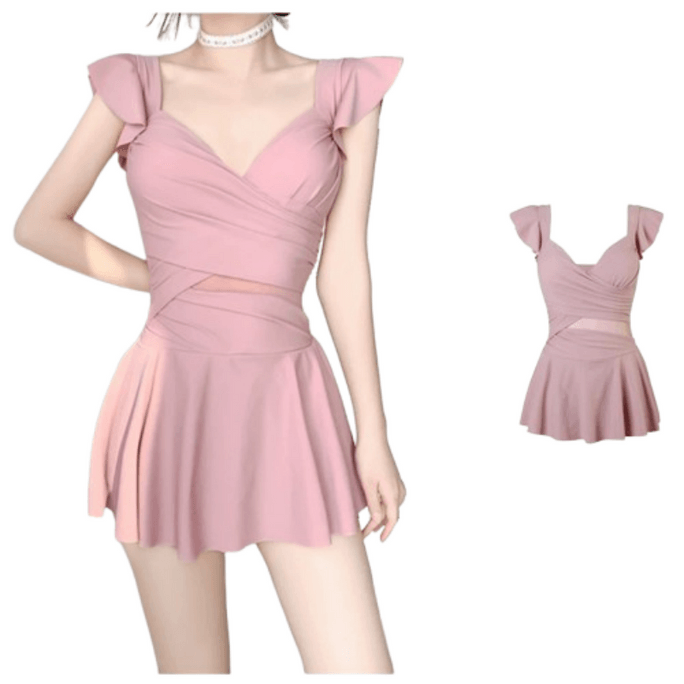 Swimming costume female one-piece sexy thin small breast steel bracket gathered Pink  XL (recommended 110-125kg)1pc