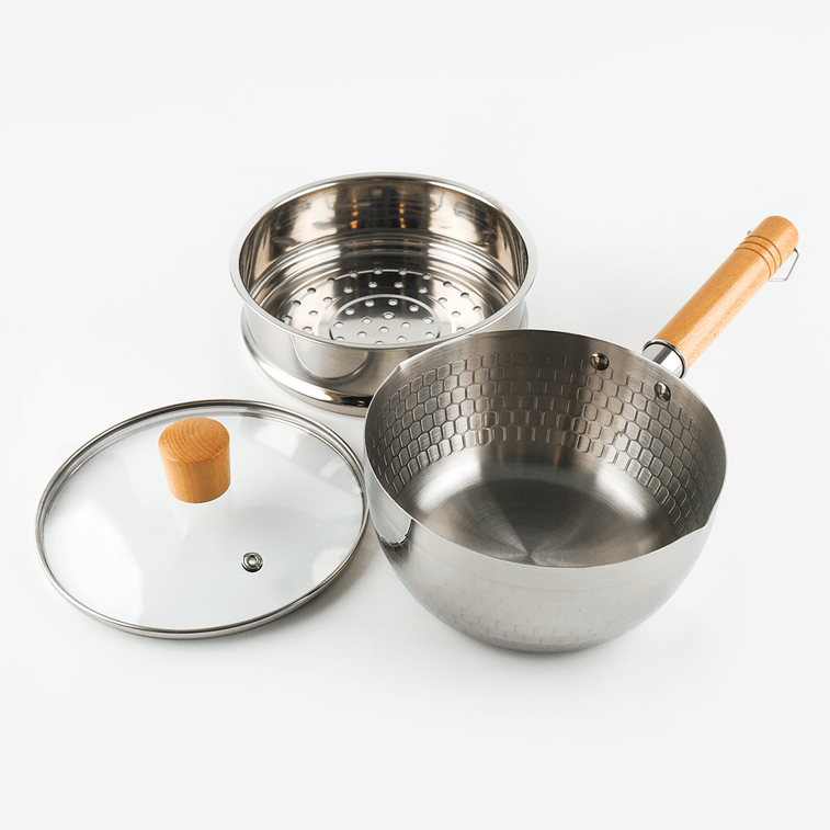 YUKIRO 日式锤纹不锈钢雪平锅 一人食蒸煮两用小奶锅 18cm 附蒸屉和盖子 燃气电磁炉通用 双耳蒸笼随机发货 13