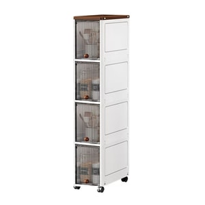 Four-Tier Clear Storage Cabinet 20×30×107.5cm – Transparent Black Doors, Dustproof & Moisture-proof. Top Groove, 90° Flip Lid. Bottom Wheels, Large Capacity. Compact & Spacious For Kitchen & Bath.