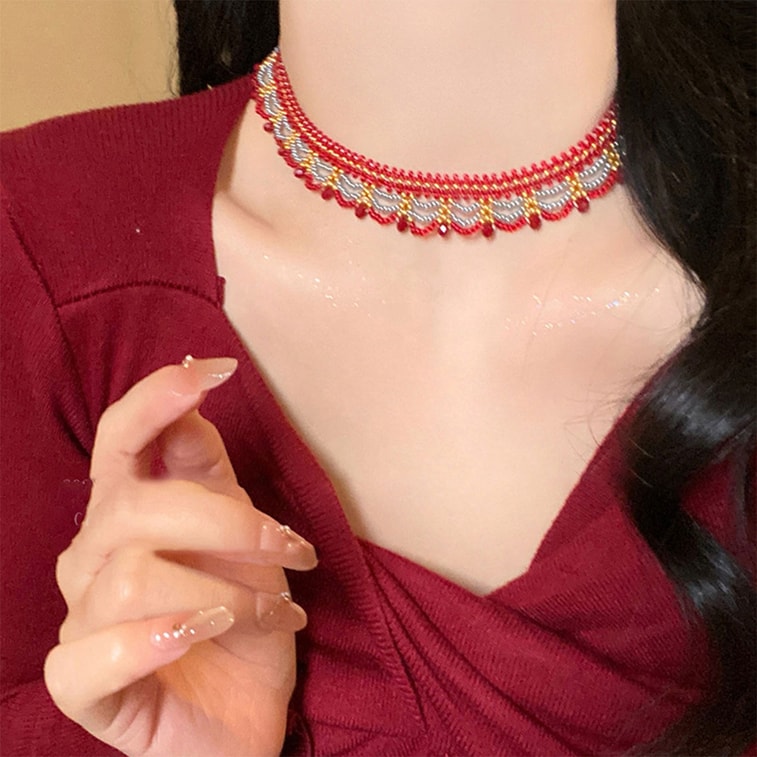 Multi Layer Vintage Beaded Necklace Seine Afternoon Exotic Style Choker Red Blue F 1 Piece 7