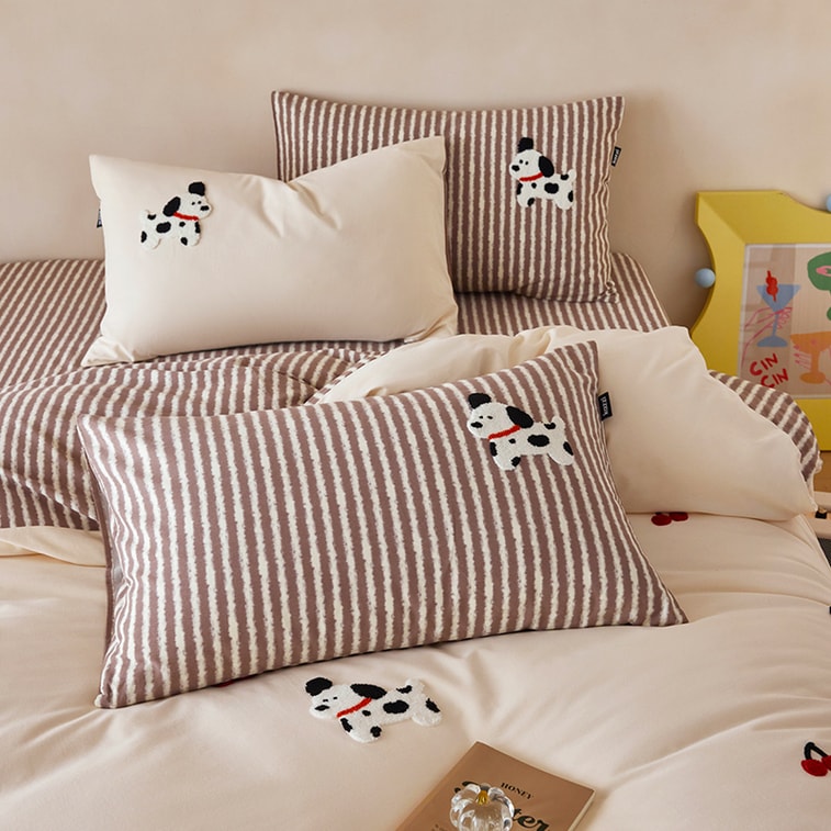 Cherry Dalmatian Dog Bedding Set For 1.2m Bed,100% Cotton,Towel Embroidery Cartoon Design,Ultra Soft Brushed Fabric,Warm Cozy For Bedroom,Autumn Winter Cute Aesthetic Dorm Home Bedding 6