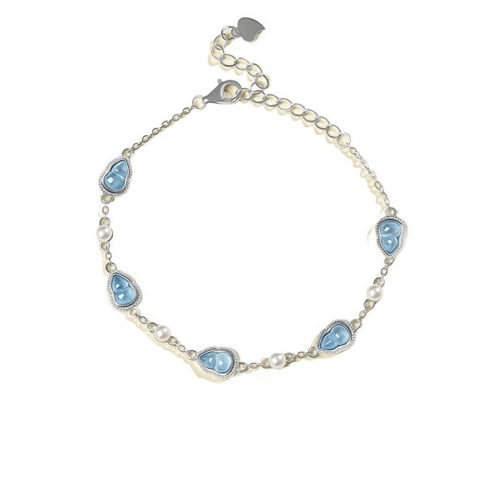 【中国直邮】 故宫淘宝 宫里上新 海蓝宝手链女款纯银天然蓝色宝石手串轻奢高级感 五福聚宝 15-17厘米