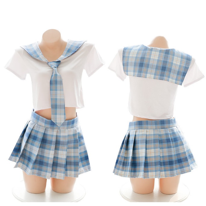 Sexy Lingerie Plaid Pure Student Pleated Skirt Suit White and Pink Plaid One Size