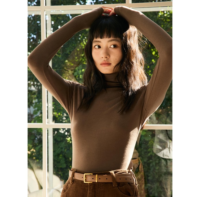 New High Neck Slimming Versatile Warm Knit Long Sleeved Base Shirt Brown Chestnut Brown F