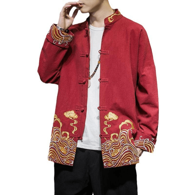 ASIS 중국 스타일 복고풍 자수 디스크 버튼 당나라 정장 Hanfu 캐주얼 재킷-레드 XL