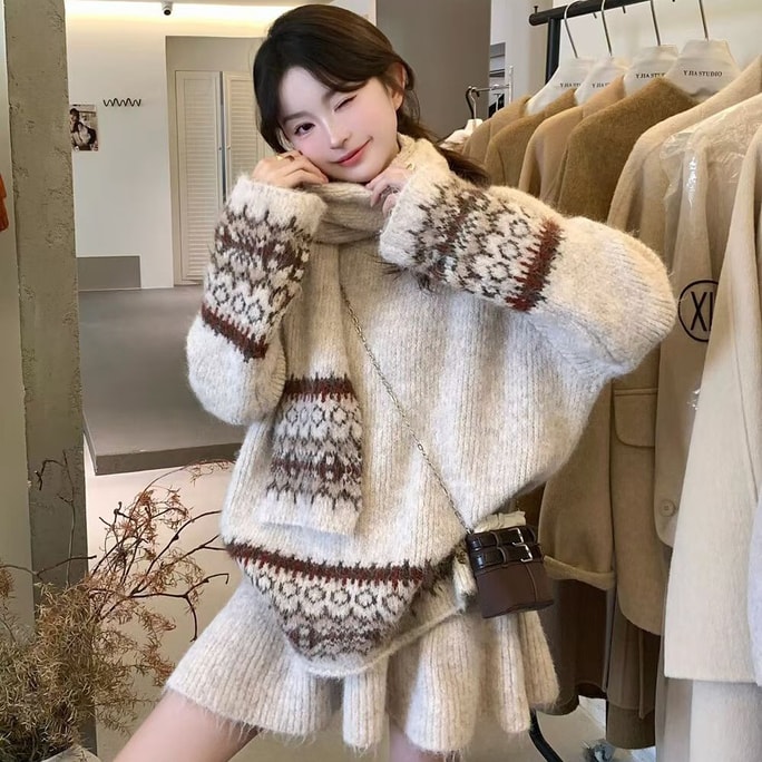 【加拿大直邮】 加拿大 SCENARIO 北欧风针织套装(上衣+短裙+围巾) 三件套 均码 双色 米白色 均码