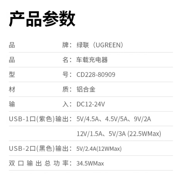 [中国からの直送] UGREEN カーチャージャー (iPhone 8-15 全モデル/Android フォンに適合) - 最大総電力 34.5W のデュアル USB 急速充電アダプター。 6
