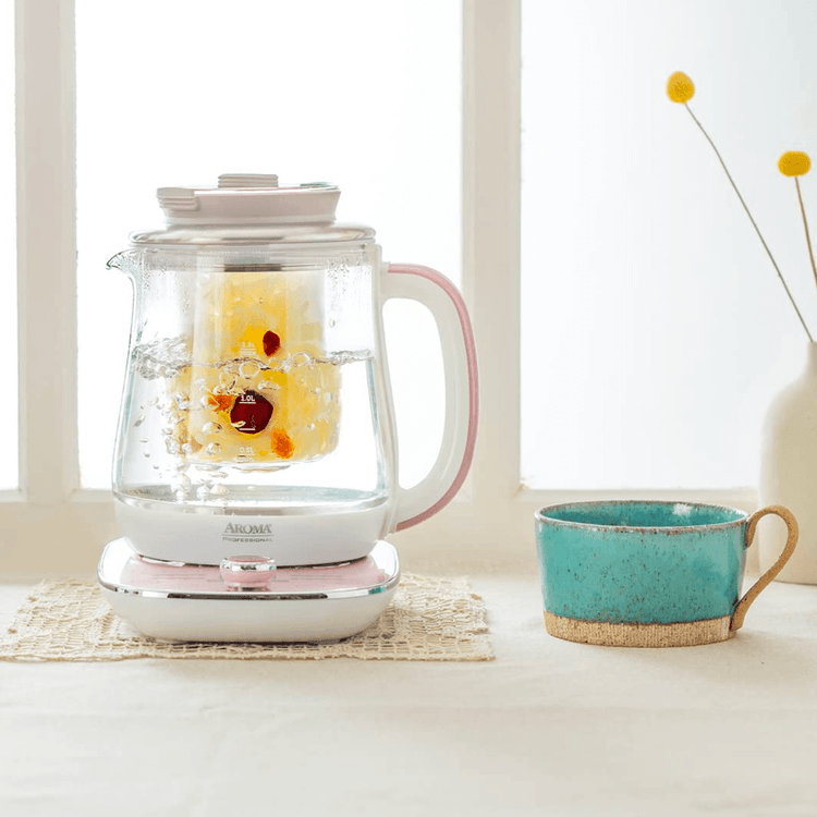AROMA 【Low Price Guarantee】Multi Function Glass Electric Water Kettle  Healthy Tea Kettle Delay Timer, 1.5L, AWK-701, Rose Gold 