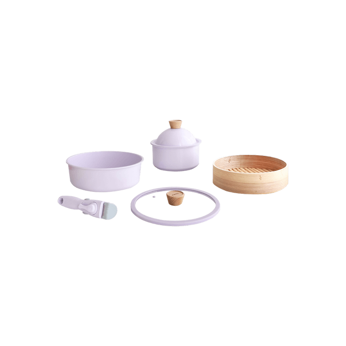 White Moonlight Series Romantic Purple Set 18cm Milk Pot+24cm Deep Frying Pan+24cm Steamer+Handle