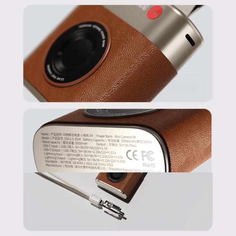 Mini Camera Design Power Bank 10000mAh Fast Charge Portable Brown 3
