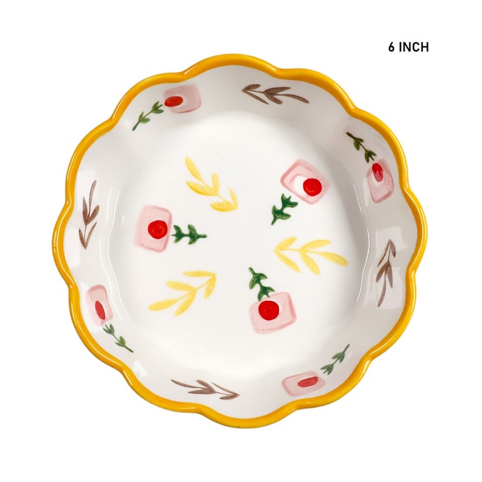 GINKGOHOME 手繪花朵陶瓷盤波浪邊 精美陶瓷餐具 6吋 黃色