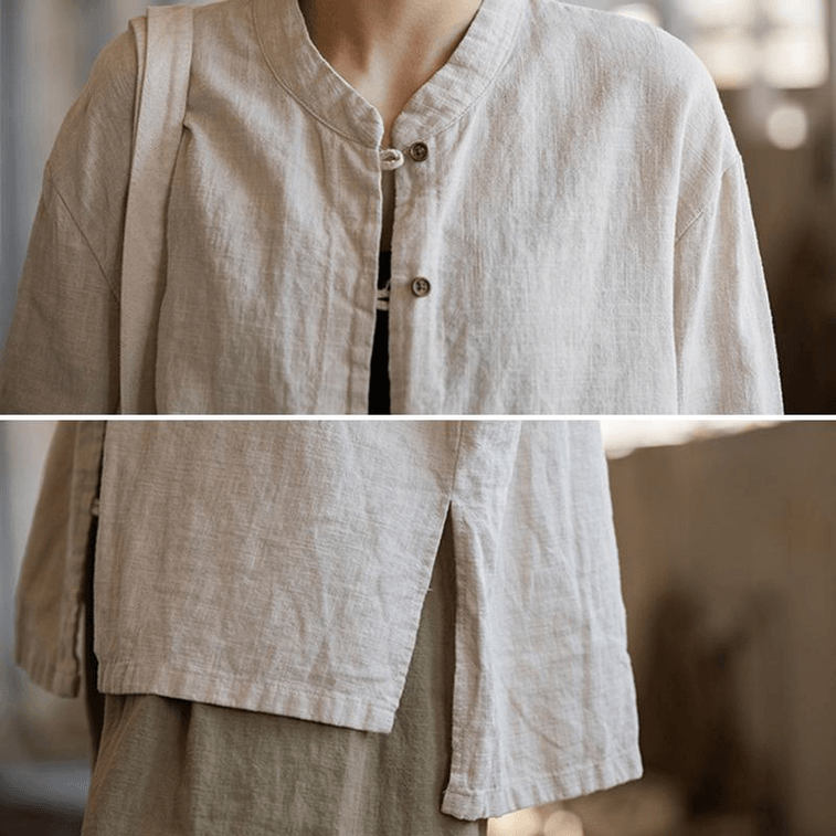 Chinese Style Ramie Stand-up Collar Long Sleeve Shirt Cardigan Beige Onesize 3