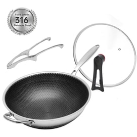 【Premium Quality No Premium Price】 316 Stainless Steel Honeycomb Pan 32CM With Kitchen Tongs - Physical Non-Stick & Lid Stand For All Stoves