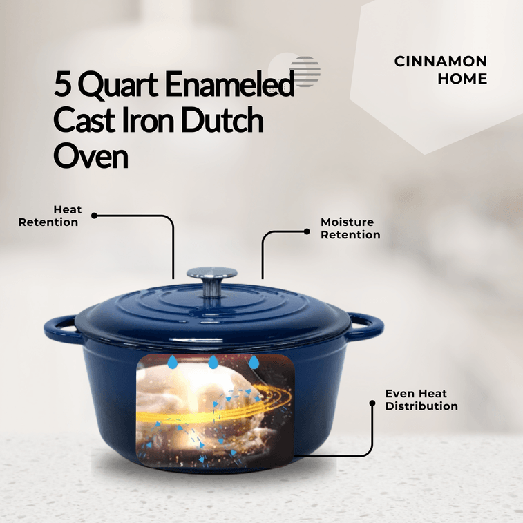 시나몬 주철 에나멜 냄비 26cm (5쿼트) 네이비 블루, 다용도 가정용 스튜 냄비/슬로우 쿠커. 천연 미세 압력 조리 방식으로 은은하게 끓여 풍미를 더합니다. 오븐 및 식기세척기 사용 가능. 3