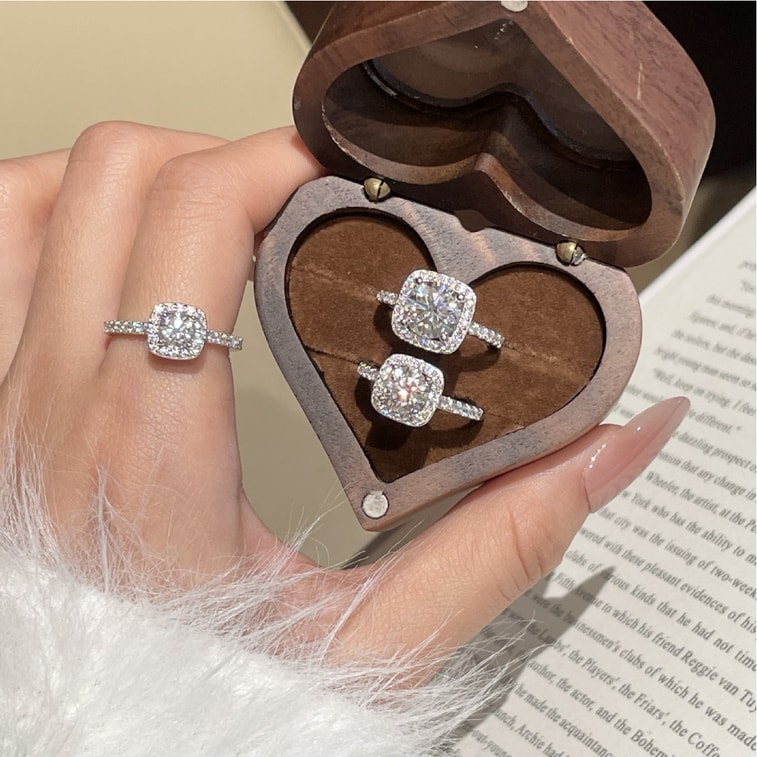 Cushion‑Cut Ring 8MM Zircon US Size 6 1 Piece S925 Sterling Silver Ring High‑Brilliance Center Stone With Halo Paved Setting 6