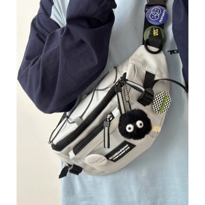 HSPM New Trendy Casual Sports Crossbody Waist Bag Grey+Badge+Fur Ball M