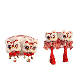 Red Lion Dance, Tassel Hair Clip, Chinese-Style Bell Lion Dance + Bow, 4.5cm*2 Pieces