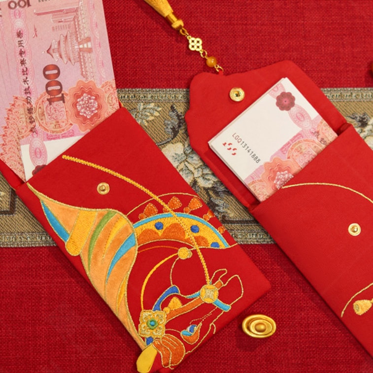 【中国直送】HSPM 馬年刺繍生地 赤い封筒 クリエイティブ中国風 10,000元 赤い封筒 新年の挨拶やお年玉に かわいい馬のデザイン 1枚 12