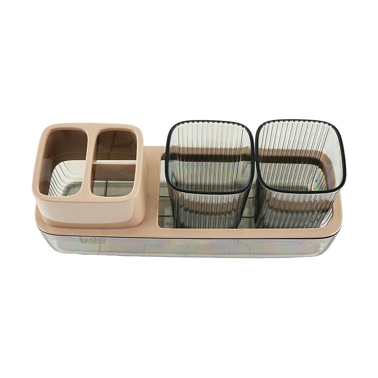 BDO 牙杯牙刷置物架 洗漱杯套装 电动牙刷架牙膏收纳架漱口杯子 透明黑/浅咖 14