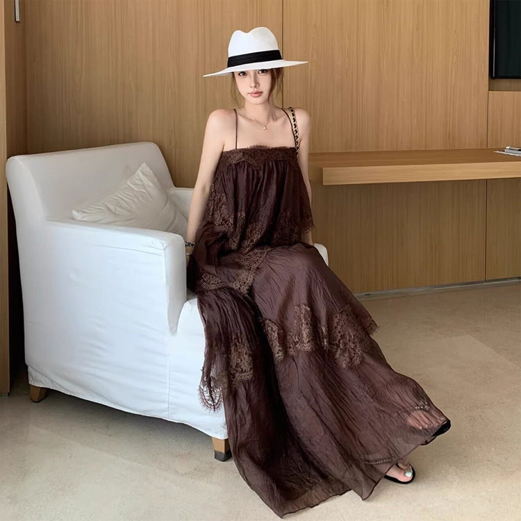 cocoa brown dress The Emilia  Chocolate | Tie-Shoulder Maxi 100% Polyester LIONESS Sweetheart Maxi Dress in