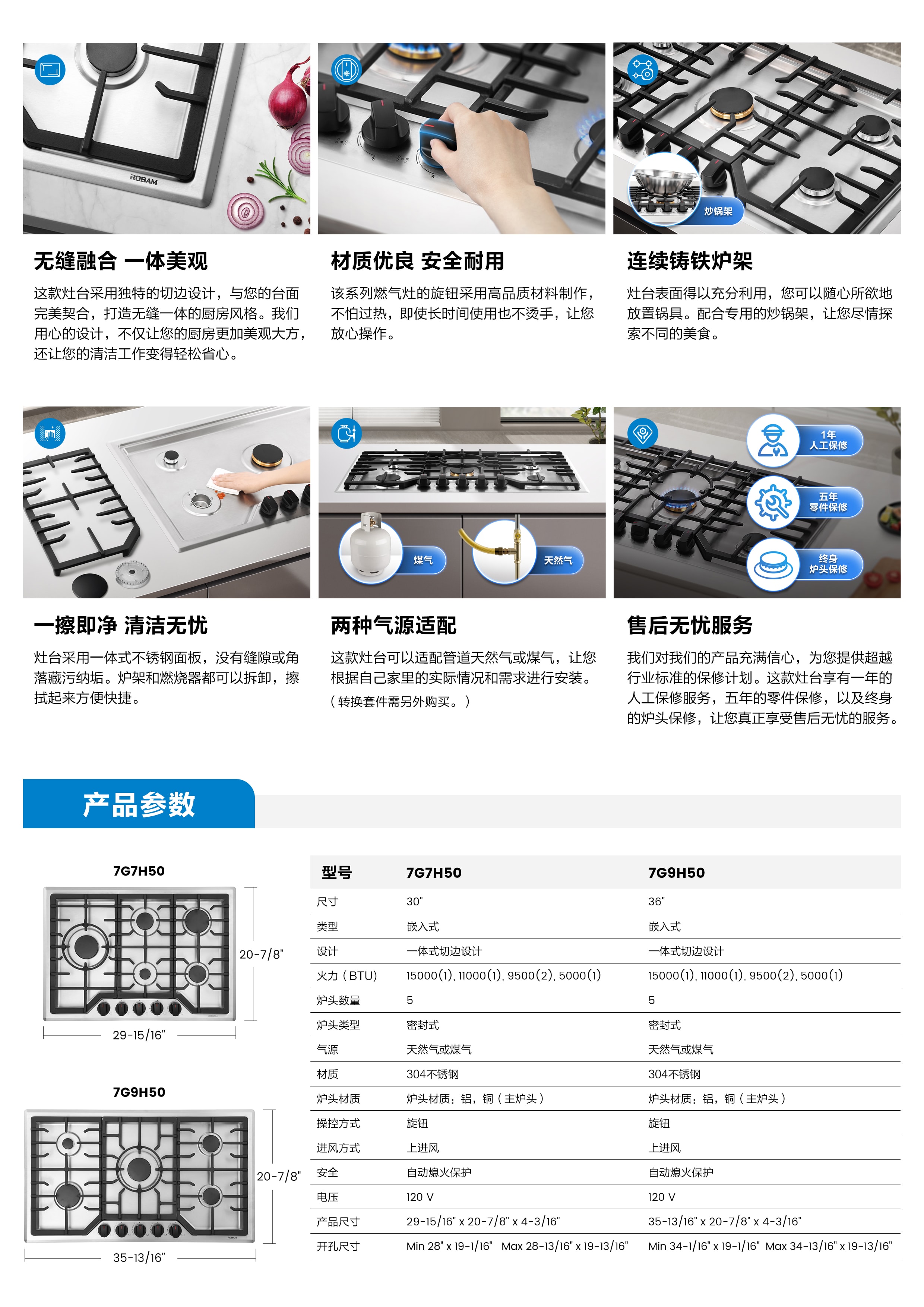  老闆電器 36吋瓦斯爐 7G9H50 15,000 BTU 純銅主爐頭 5眼爐具 大火力