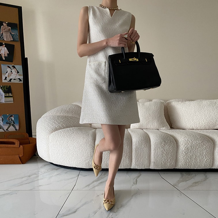 Full Sequin Embroidery Classic H Cut Tweed French Sleeveless Dress Tweed Style Off White M 5