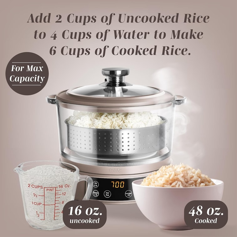 Hot Rice Filter 3L Glass Mini Low Carb Rice Cooker – Holds 2 Cups Raw/Makes 6 Cups ...