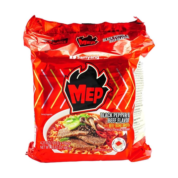 Mep Ramen - New Korean Style Instant Noodles, Black Pepper and Beef Flavor , 4.23 oz* 4 Packs 【New Trendy】
