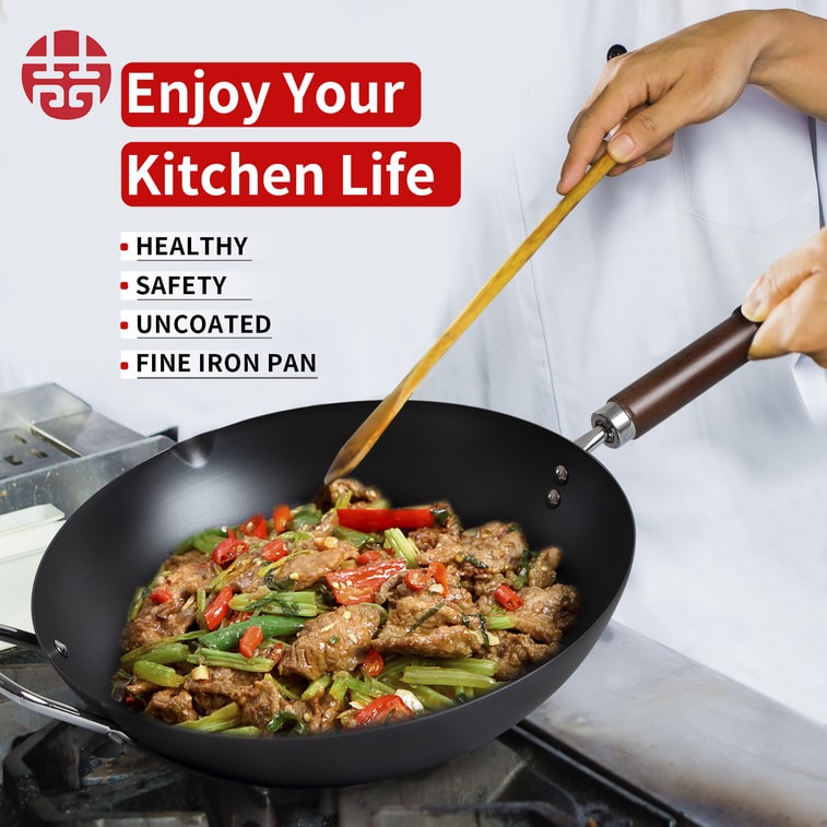 【Value Set】WANGYUANJI Chinese Carbon Steel Wok 34CM + Spatula + Mini Oil Pan Set,Flat Bottom No Chemical Coated For All Stoves Gas & Induction 4