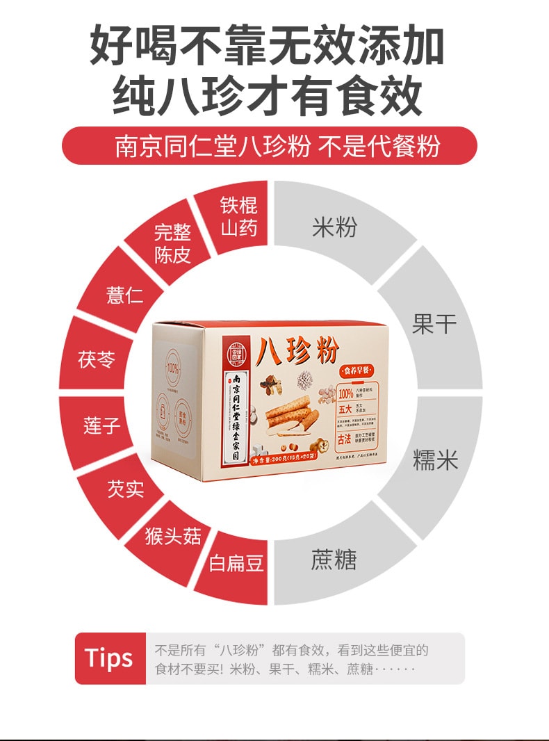 南京同仁堂 八珍粉 健脾养胃祛湿 补气血养生 药食同源早餐代餐粉 配料干净无蔗糖0添加 300g/盒