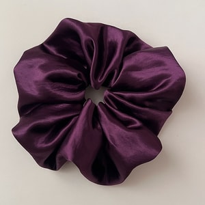 Zhao Lusi Style. Korean Oversized Deep Purple Satin Scrunchie, Single Piece. Soft Silk Fabric, Handcrafted. Smooth, Shiny, Adds Volume, Slims Face. High Elasticity. Daily Wear, Gentle, Premium.