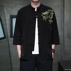 ASIS 남성용 신상 중국식 자수 단추 탕수트 셔츠 - 블랙 미디엄