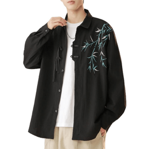 Chinese Style Mens Long Sleeve Embroidered Retro Button Blouse Shirt Black M