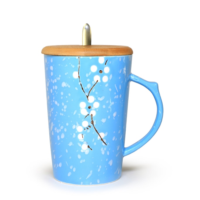 GINKGOHOME Ceramic Mug Sakura Floral Design with Spoon and Wood Lid - Ocean 16oz