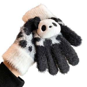 【中國直郵】 HSPM 可觸控可愛熊貓毛絨針織五指手套女冬季加絨加厚騎行保暖 黑色 1雙