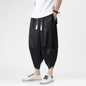 Chinese Style Silk Dargon Print Loose Cropped Pants for Men Black M