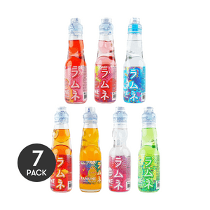 Ramune Drink 7 Flavors Combination Pack Original +Peach+Melon+Mango+Strawberry+Lychee+Orange Flavor 6.76fl oz*7【7 Packs】