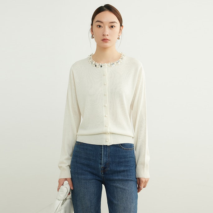 New Arrival Elegant Miu-style Women's Beaded Wool Cardigan - Lightweight  Slim-fit Knitwear, White, M