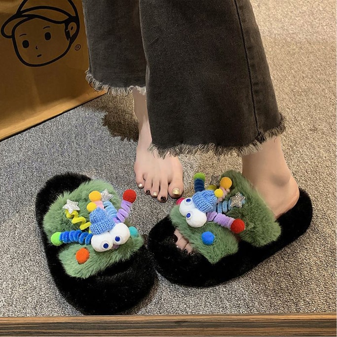 HSPM 新款卡通毛毛鬆糕居家防滑棉拖鞋辦公室拖鞋一雙裝 綠色 37(37-38)