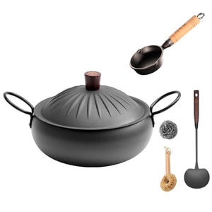 王元済の【大腹鍋 油注ぎセット】26cm両手大腹鍋+小腹鍋、ドーム型の鉄蓋で調理スペースを広く使えます。