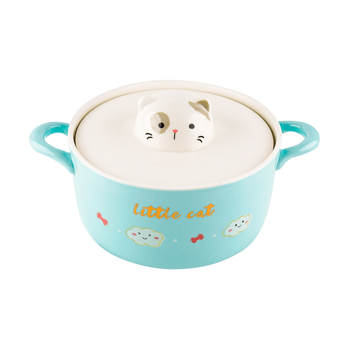 Cat Ceramic Instant Noodle Bowl with Lid Blue 15.3cm 1000ml