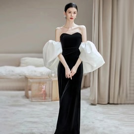 【中国直邮】 HSPM 黑色抹胸晚礼服 高端轻奢小众鱼尾 订婚裙主持人连衣裙长款 黑色 M